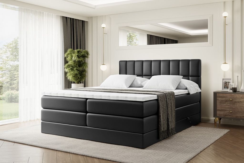 ALTDECOR Boxspringbett mit 2 Matratzen und Topper - 160x200 cm - MIAMI KING - Schwarz Kunstleder - Polsterbett mit, H3- und H4- Matratzen, Bettkast...