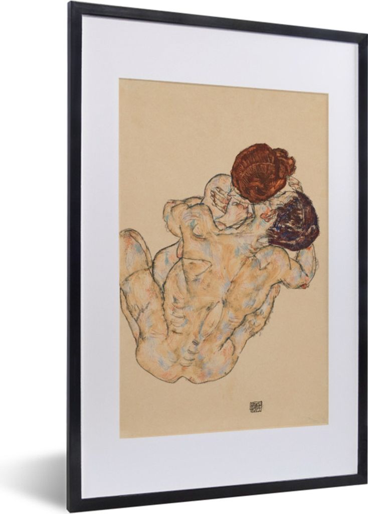 MuchoWow Gerahmtes Poster Mann und Frau, Umarmung - Gemälde von Egon Schiele 40x60 cm - Poster mit Schwarzem Bilderrahmen Wandposter Rahmen Foto...
