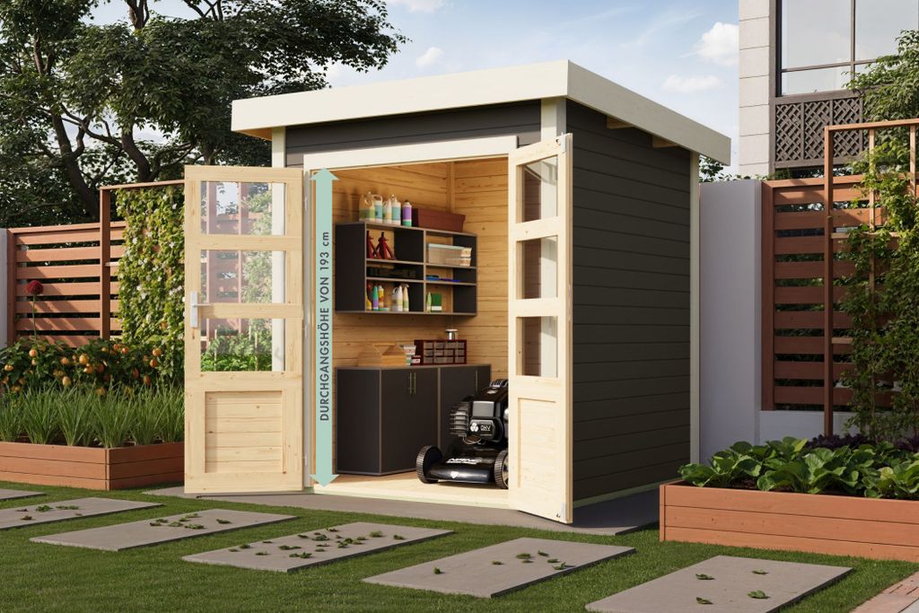 Karibu Gartenhaus Gerätehaus Kolbin 1 XXL terragrau 204x204x244 cm mit extra hoher Tür
