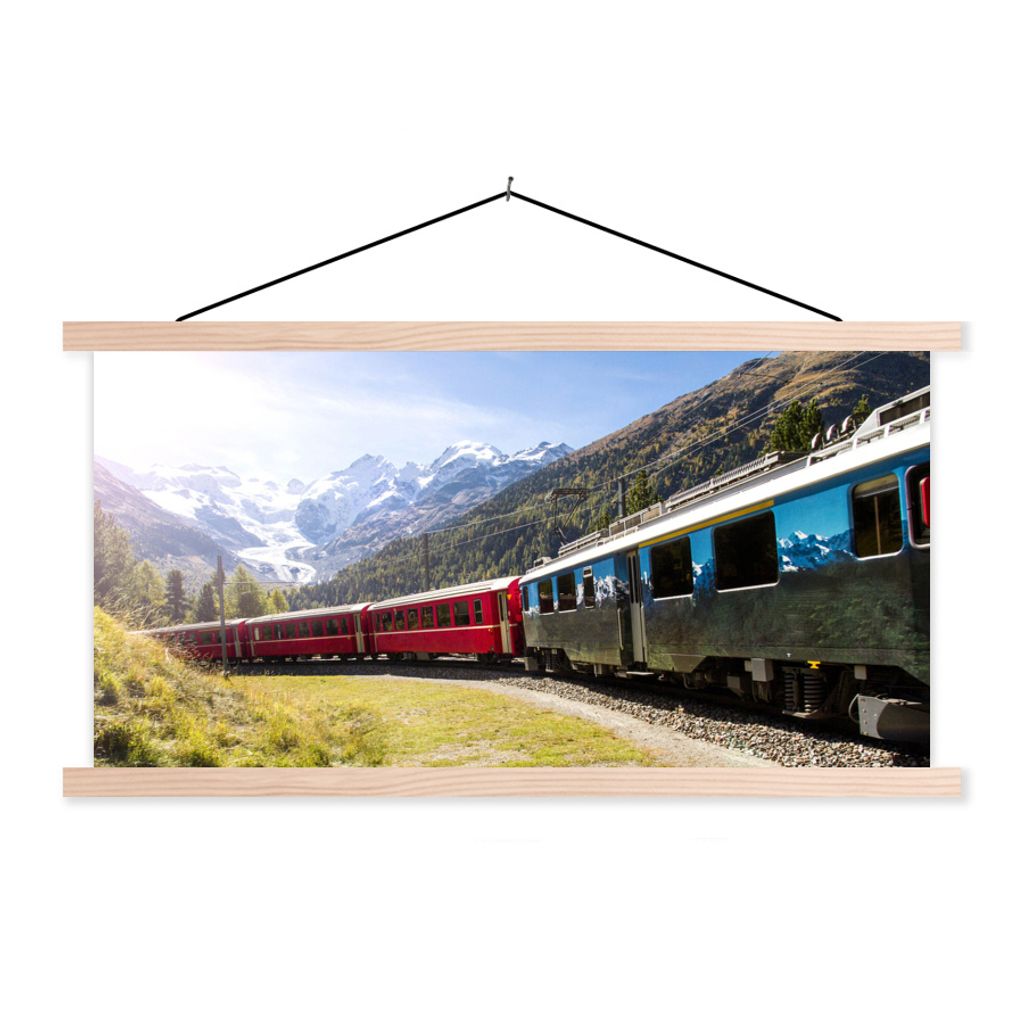 MuchoWow Textilposter Ein roter Zug in den Bergen 60x30 cm mit holzfarbenen Rahmen - Dekoration