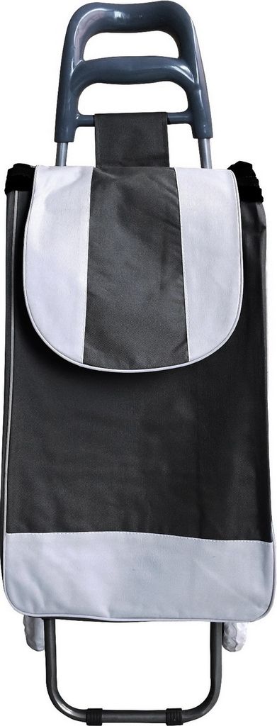 A shopping trolley bag with a black, gray, and white pattern, shown from the front.