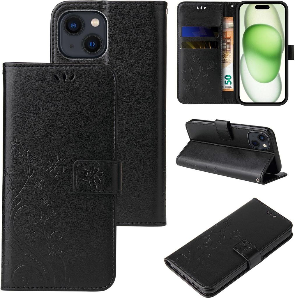 Handyhülle für Apple iPhone 15 Floral Blumen Schmetterling Flip Cover Hülle Case Klapphülle Handytasche Farbe: Schwarz