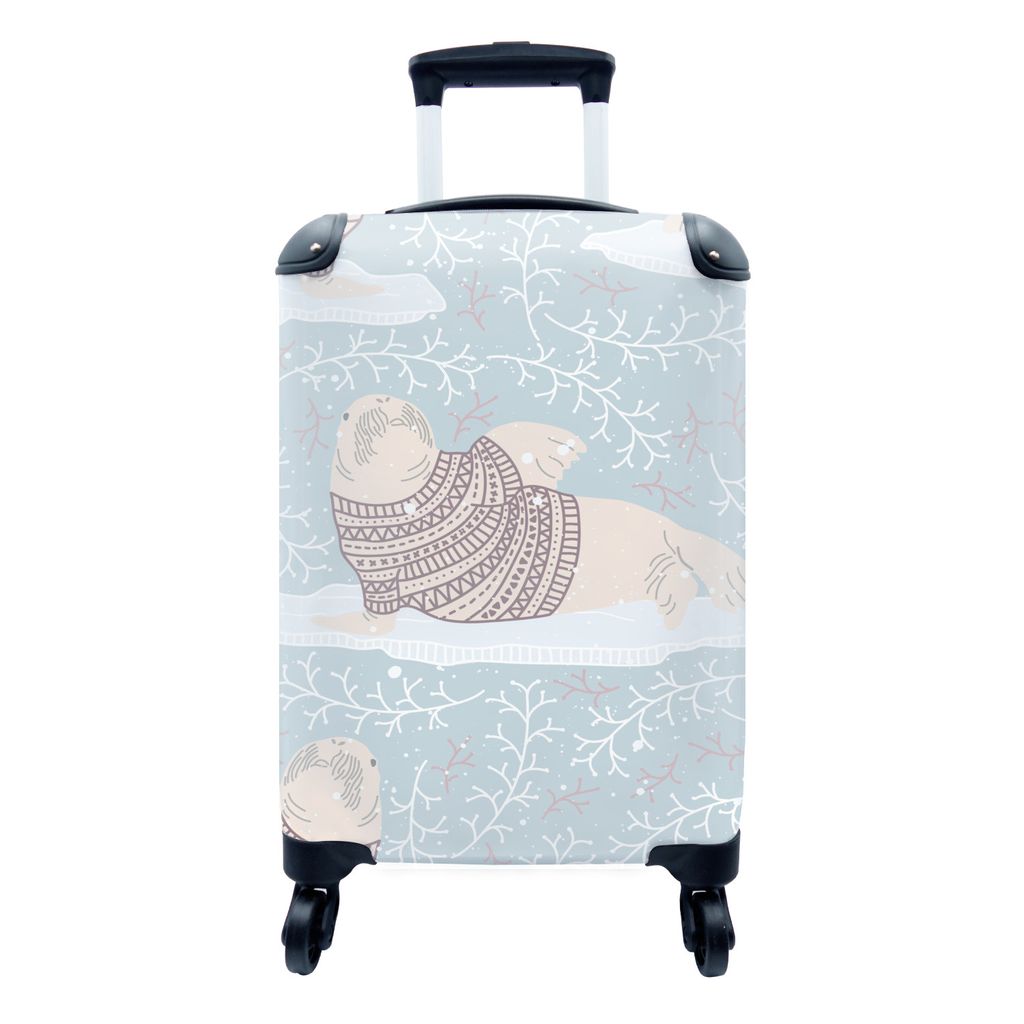 MuchoWow Koffer Handgepäck Trolley Rollkoffer Kleine Reisekoffer mit 4 Rollen - Pullover - Walross - Schnittmuster - Cabin Size < 55x40x23 cm & ...