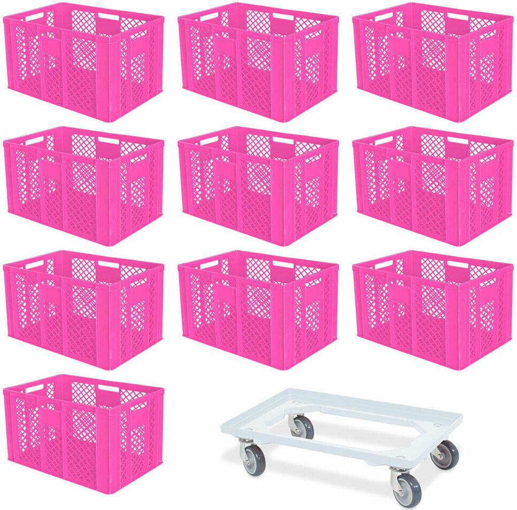 10 Euroboxen, 600x400x410 mm, lebensmittelecht, pink + 1 Transportroller, weiß