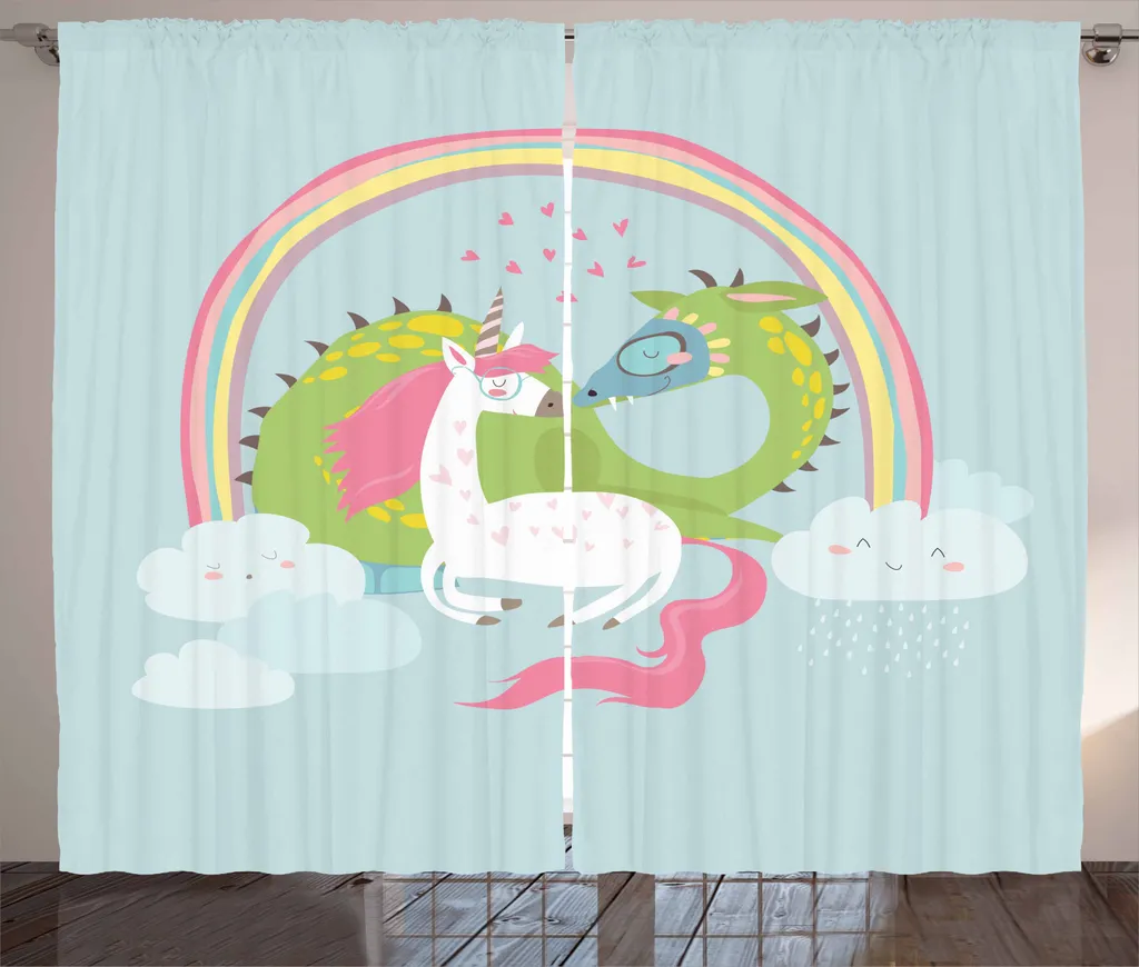ABAKUHAUS Tenda rustica fantasia, drago unicorno amore, tende universali per soggiorno con passanti e ganci, 280 x 245 cm, azzurro rosa chiaro