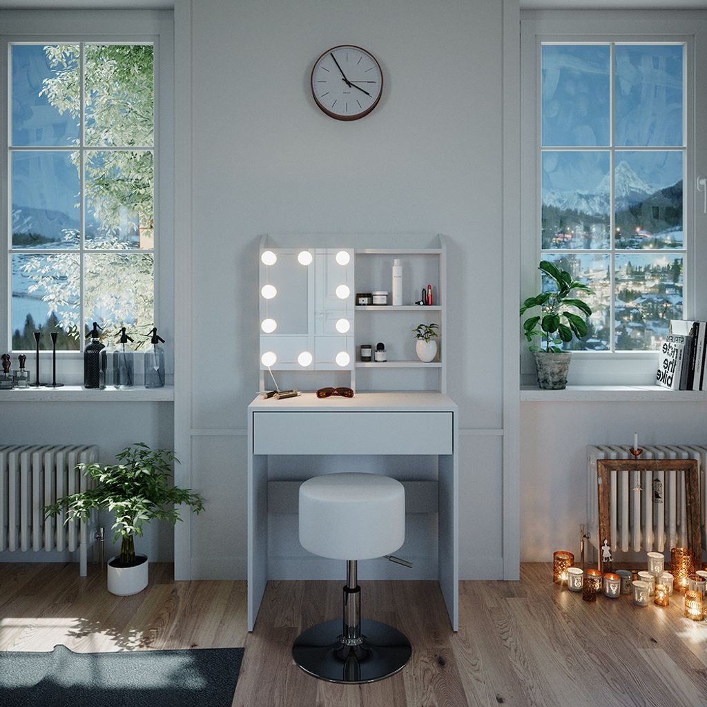 Schminktisch Vicco Laura Weiß 70 cm mit LED Beleuchtung und Hocker, Model 38282