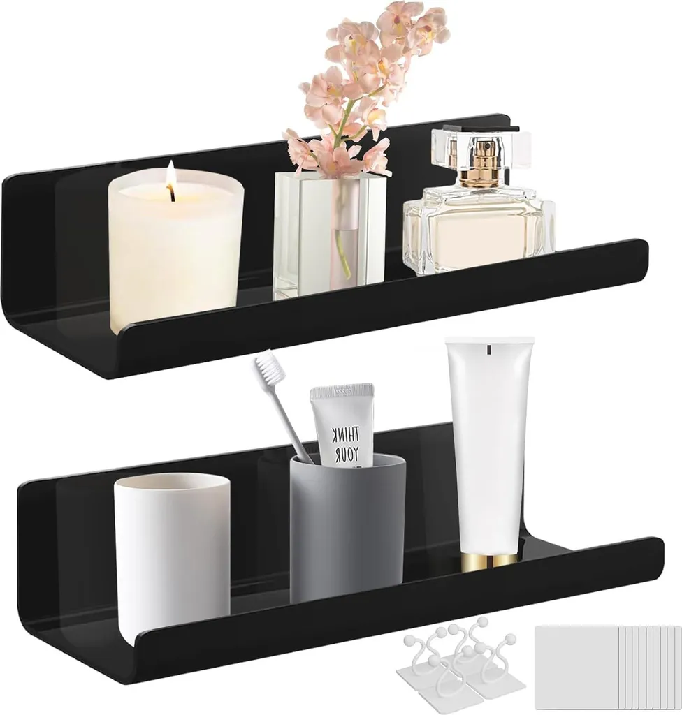 Étagère murale pour cuisine et salle de bain en acrylique noir, lot 2