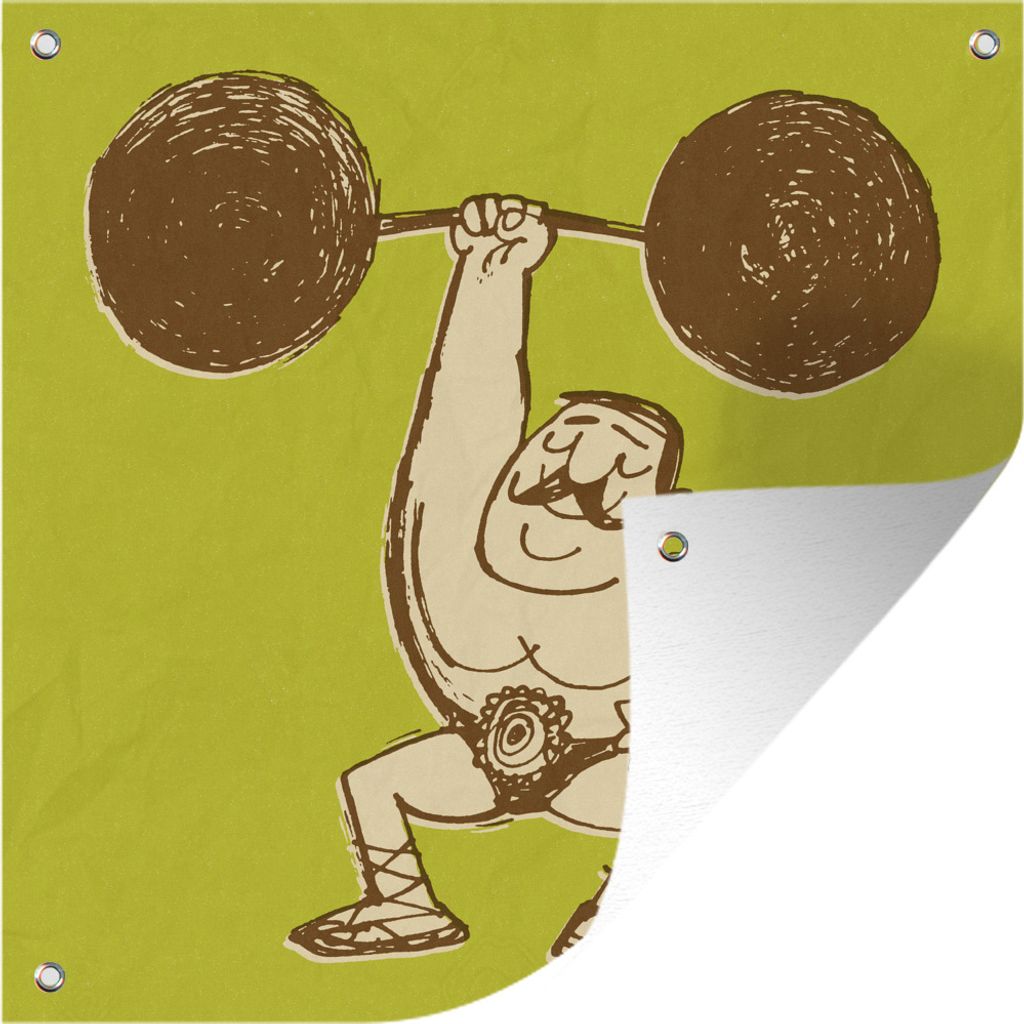 MuchoWow 50x50 cm Outdoor-Poster Gartendeko Sichtschutz Garten Poster für den Garten Eine Illustration eines Bodybuilders mit dem Gewicht in ei...