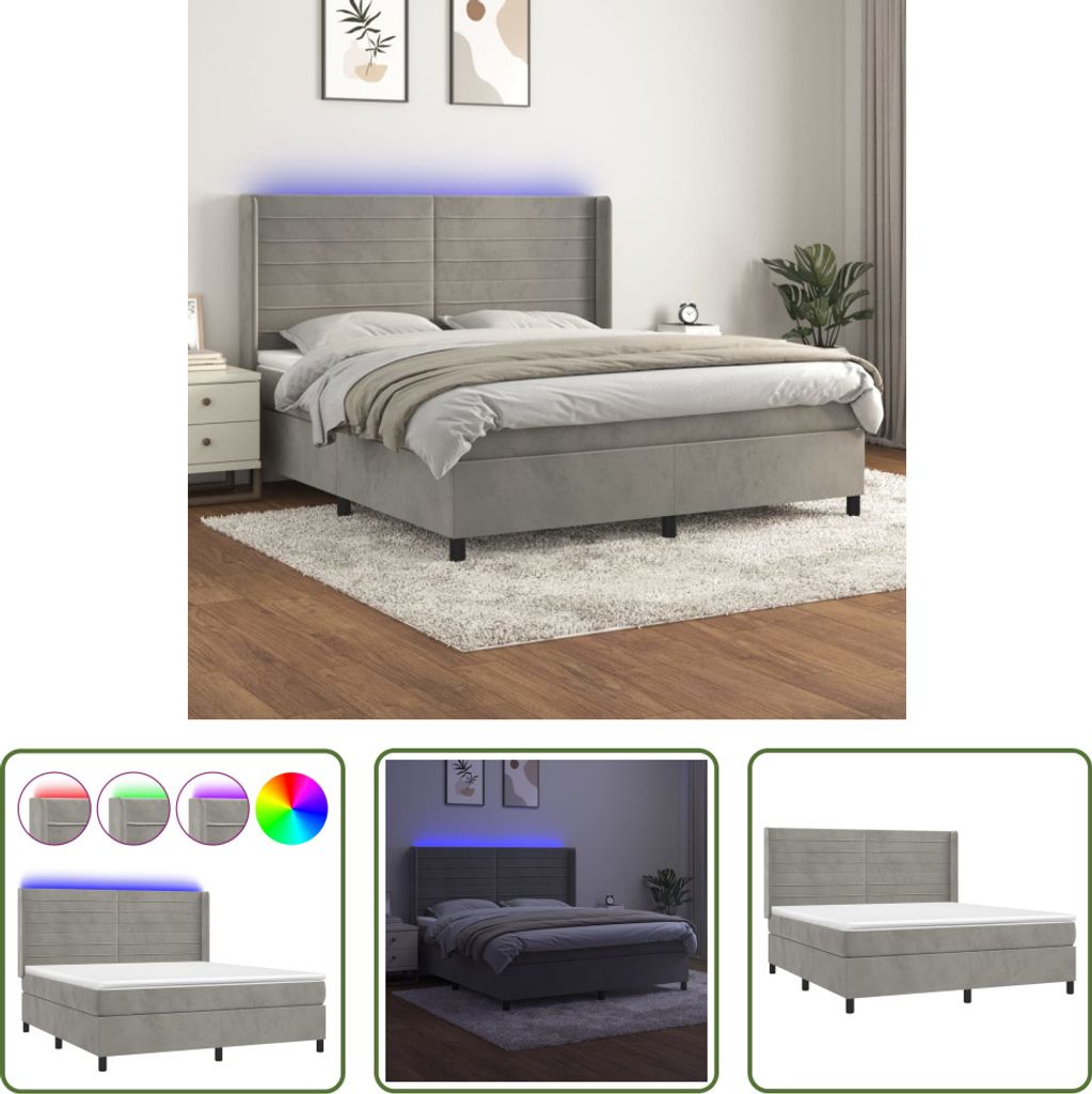 The Living Store Boxspringbett mit Matratze & LED Hellgrau 180x200 cm Samt