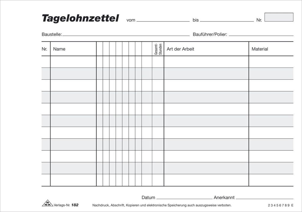 RNK Verlag 182 Tagelohnzettel - Block - SD, 3 x 40 Blatt, Immagine del prodotto 