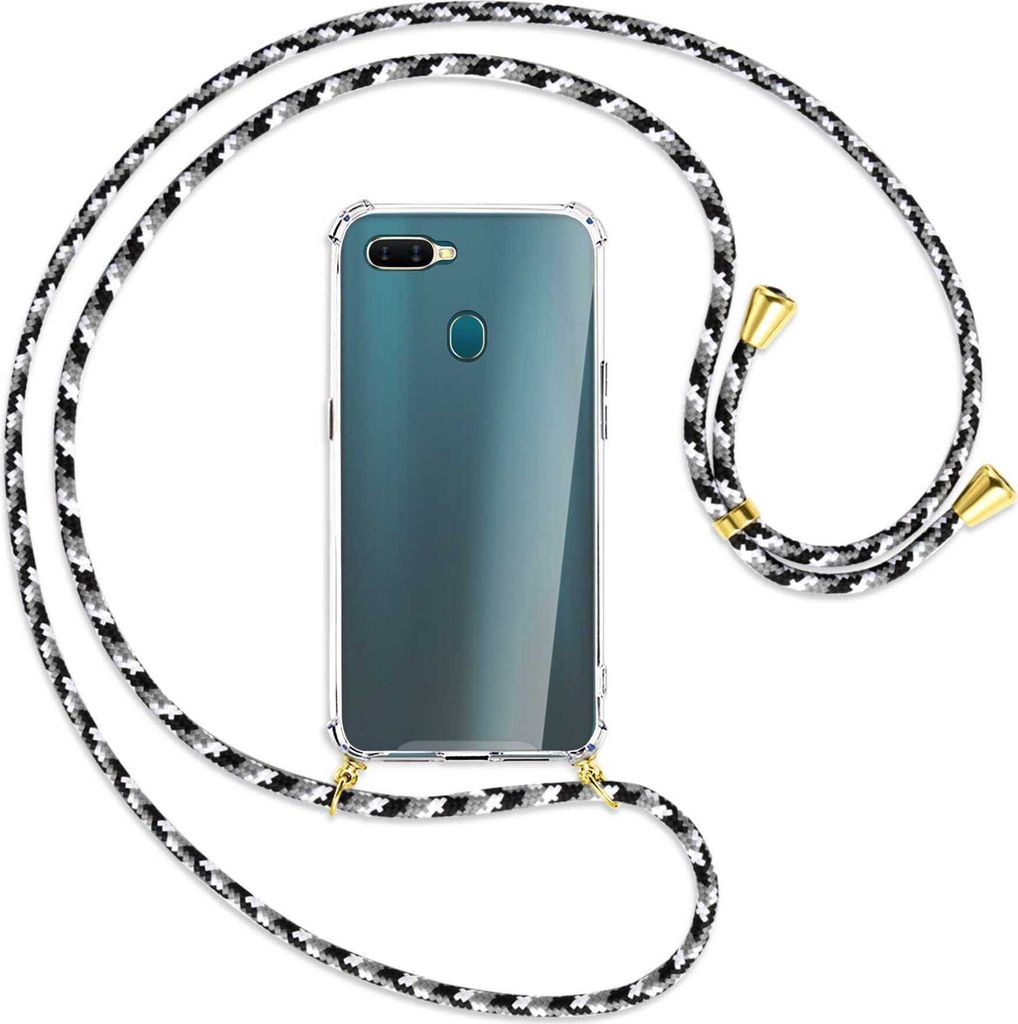 Handykette Backcover-Schutzhülle mit Band (Metall goldfarben) für Oppo A7 / AX7 - schwarz/grau/weiß