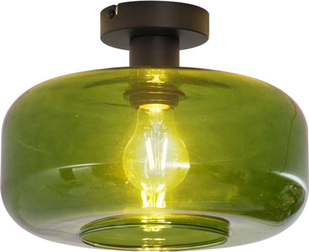 QAZQA - Retro Retro Deckenleuchte I Deckenlampe I Lampe I Leuchte Schwarz mit Grünglas - Bizle I Wohnzimmer I Schlafzimmer - Rund - LED geeignet E27