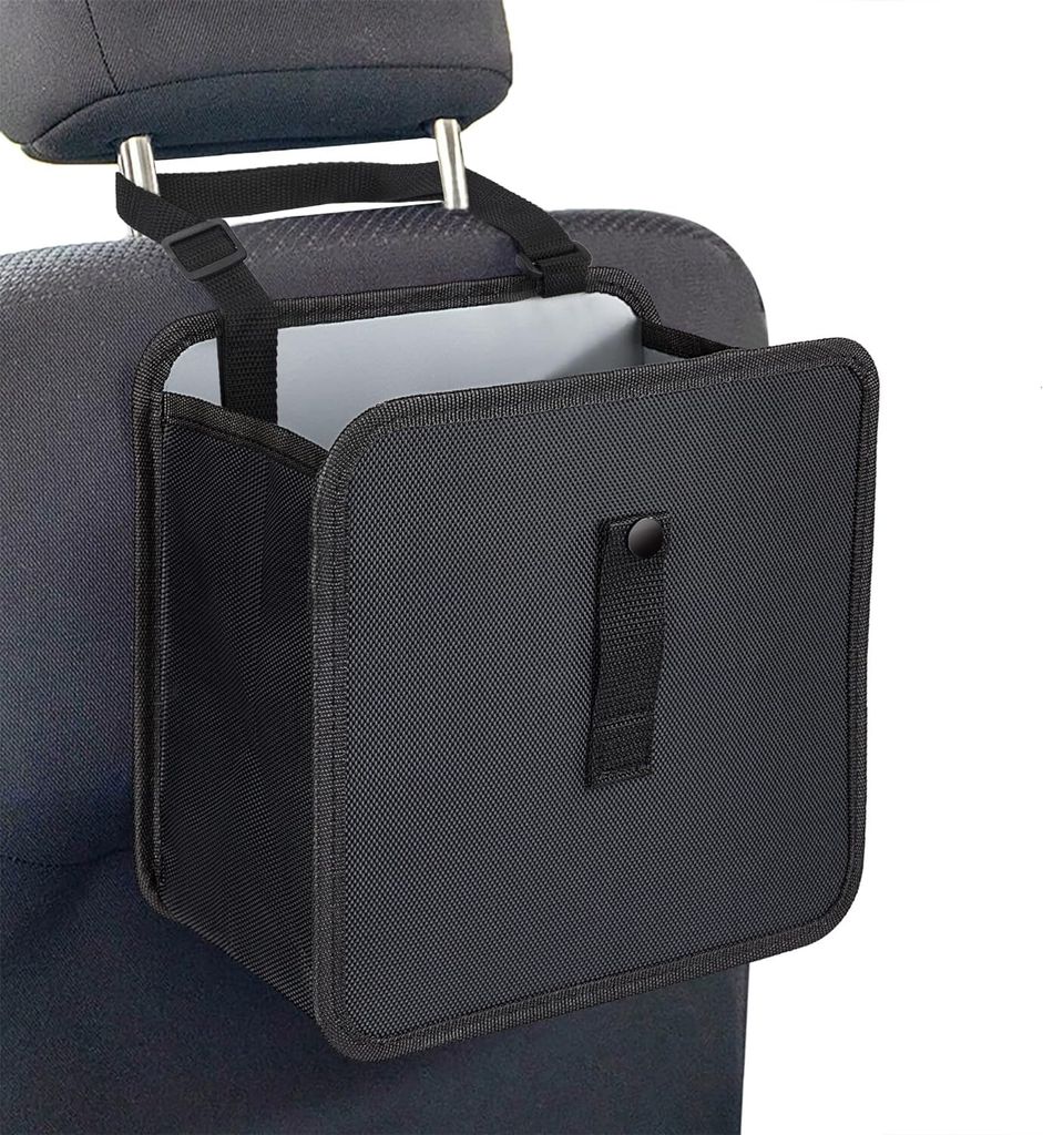 A black car trash can is hanging on the back of a car seat.