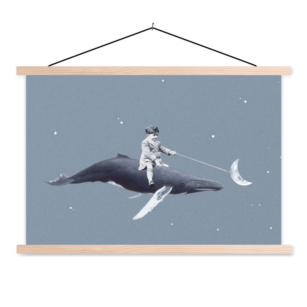 MuchoWow Textilposter Weltraum - Junge - Mond - Wal 60x40 cm mit holzfarbenen Rahmen - Bilder