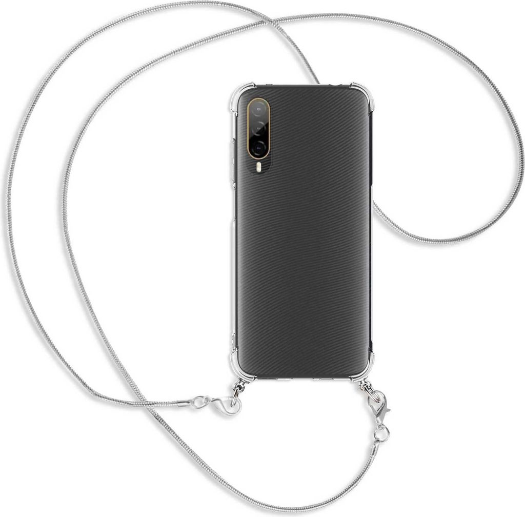 Handykette Backcover-Schutzhülle mit Band (Metall silberfarben) für HTC Desire 22 Pro 5G (6.6'') - silberfarbene Snake-Kette