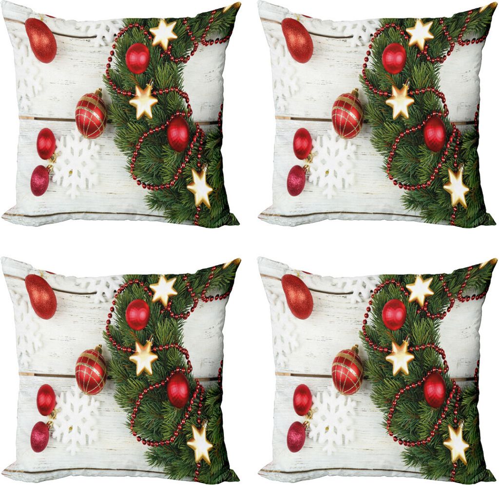 ABAKUHAUS Weihnachten Kissenbezug Set (4 Stück), Ornament und Kiefer, Moderner Doppelseitiger Digitaldruck, 40 cm x 40 cm, Grün Rot