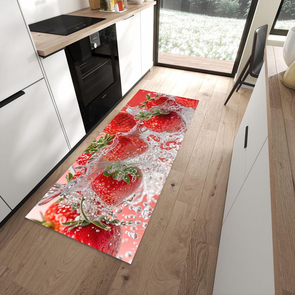 Küchenteppich 80x200cm rutschfest & abwischbar PVC Läufer - Erdbeerspritzer
