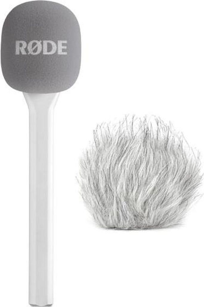 Rode Handadapter Interview GO Weiss mit Fell-Windschutz