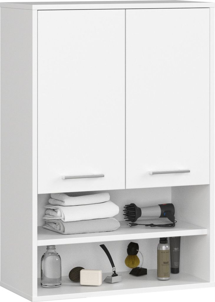 A white bathroom wall cabinet with two doors and open shelves, displaying various bathroom items.