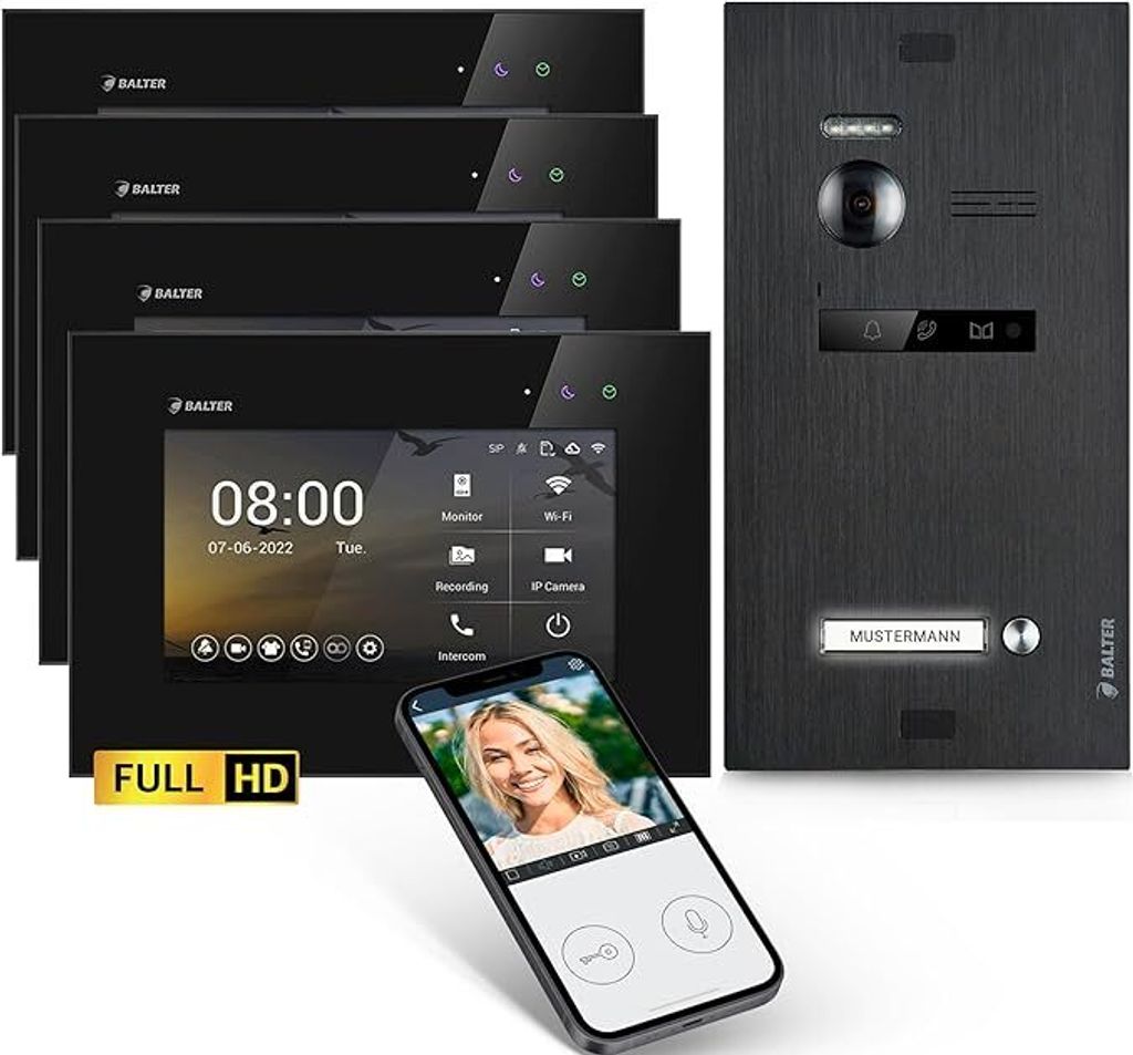 HD Video Türsprechanlage mit Smartphone App für 1 Familienhaus, 4x Monitor, Balter EVO HD WLAN Schwarz