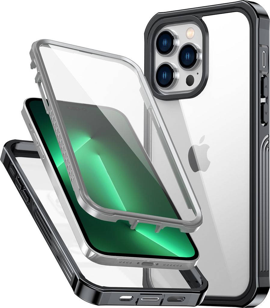 Handyhülle für iPhone 13 Pro Transparent Rückseite Robust Stoßstange mit integriertem Displayschutz 360 Grad Ganzkörper Schutzhülle Schwarz