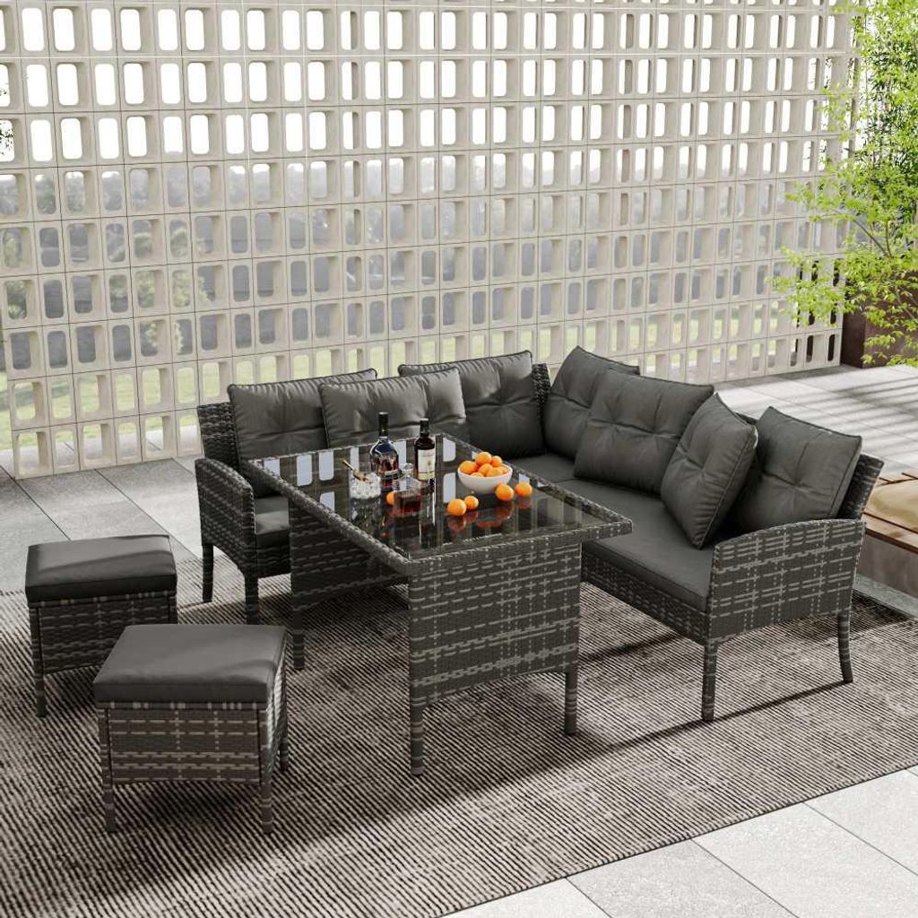 7-Sitzer Poly Rattan Gartenlounge Set: Sofa, Tisch, Hocker & Kissen, abnehmbar & waschbar, ideal für Terrasse & Garten, Farbe: Grau