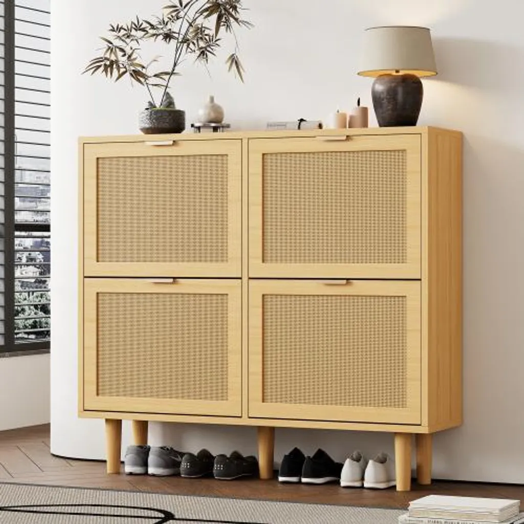Commode à chaussures chêne clair avec 4 abattants rotin design 90 cm - 4
