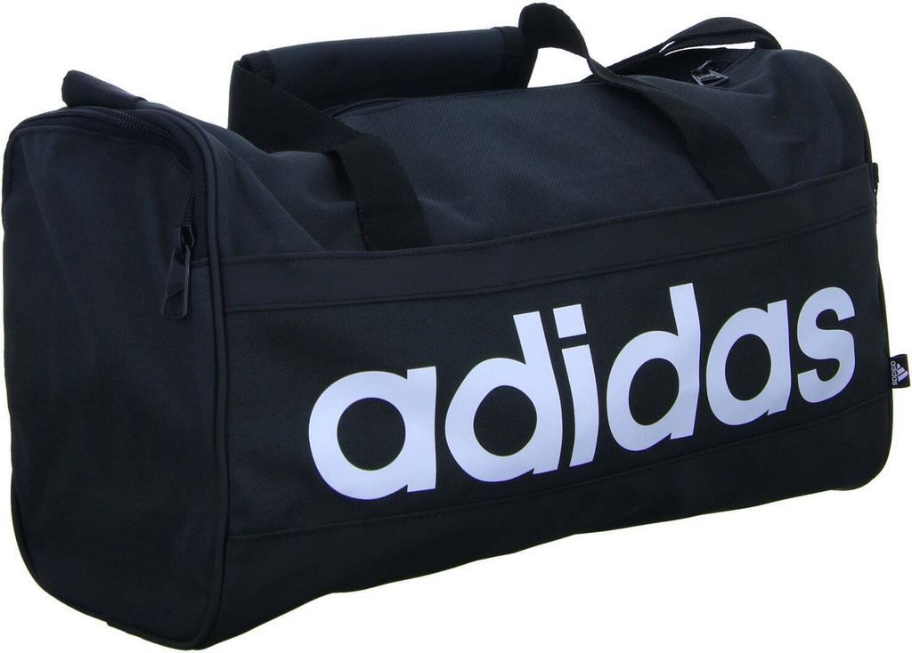 A black Adidas duffel bag with white Adidas logo on a white background.