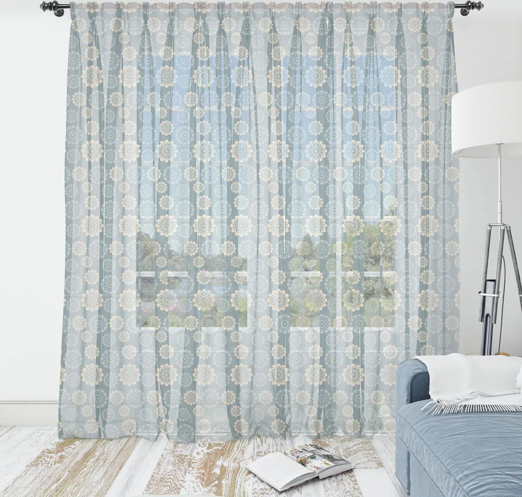 ABAKUHAUS Arazzo blu polveroso, motivi floreali ripetuti in tonalità pastello, grafica astratta, soggiorno, camera da letto, tessuto satinato setoso, 220 cm x 274 cm, blu grigio beige grigio