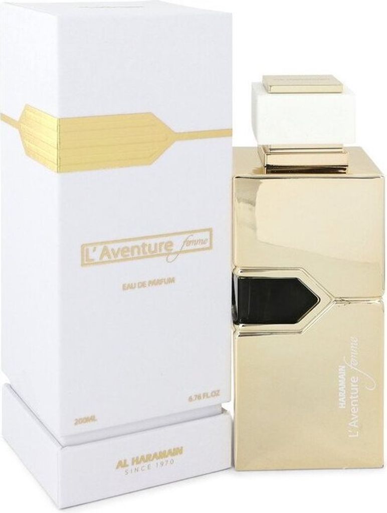 A perfume bottle and its packaging are displayed against a white background.