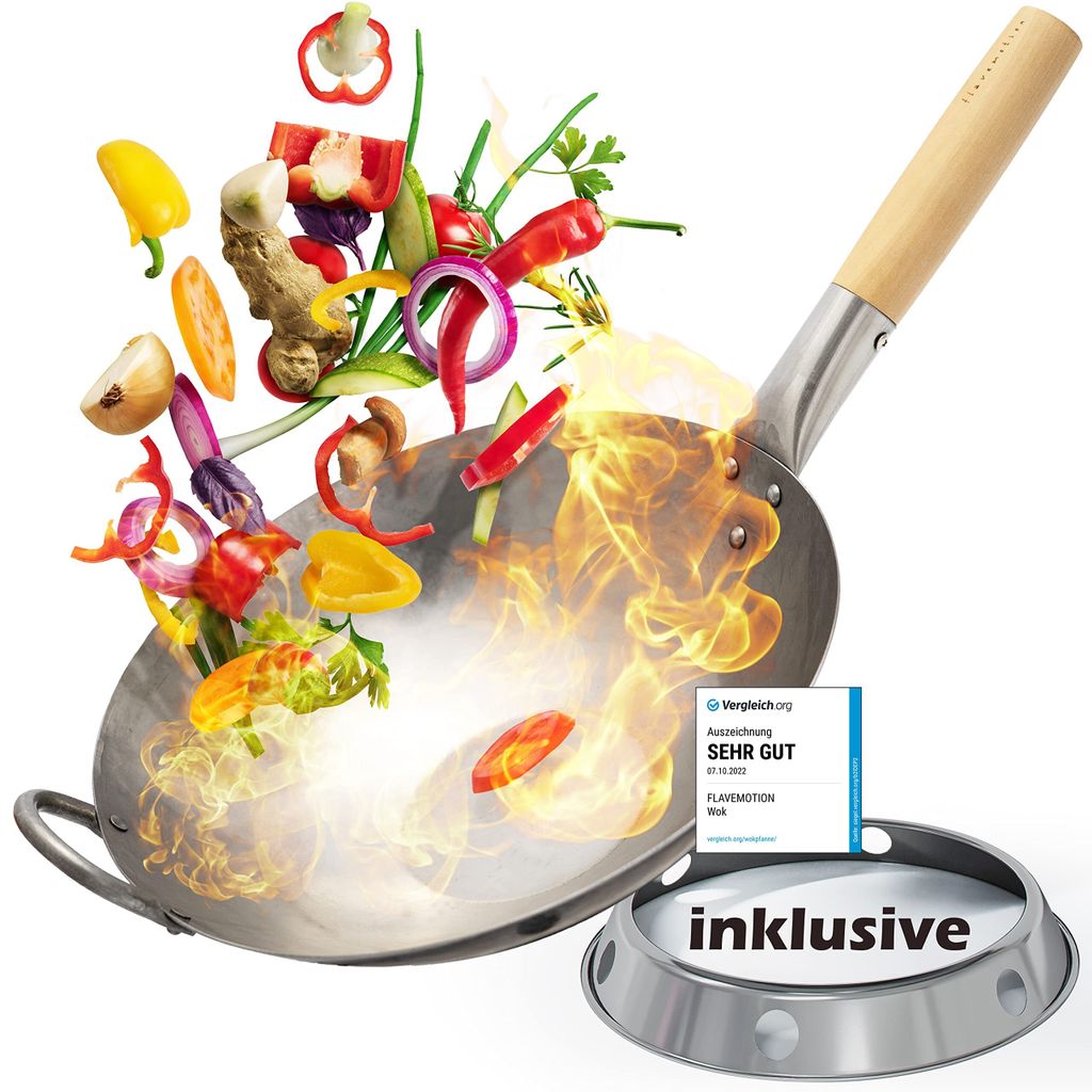 Wok Pfanne inkl. Wokring - Geeignet als Wokpfanne Induktion sowie für den Grill und Gasherd - Wok Pfanne aus robusten Kohlenstoffstahl - Woks & Wo...