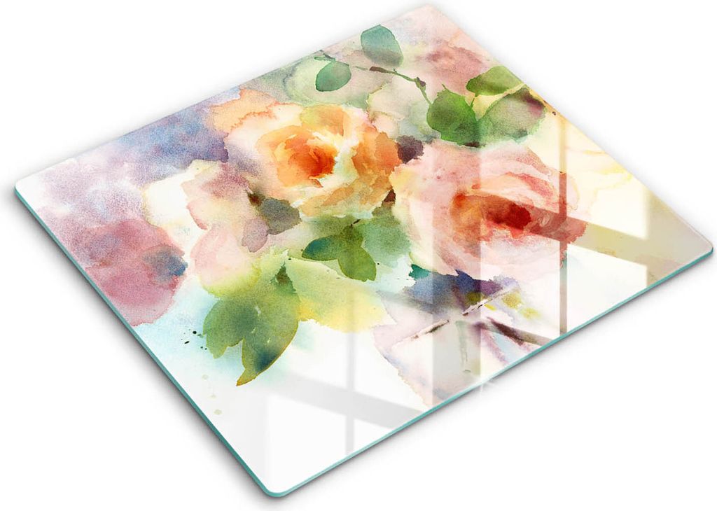 Glasschneideplatte - Herdabdeckplatte - 60x52 - Schneidebrett - Spritzschutz - Bemalten Blumen