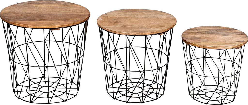 3er Set Beistelltisch Metall Metallkorb Schwarz Mango Couchtisch Deckel Deko