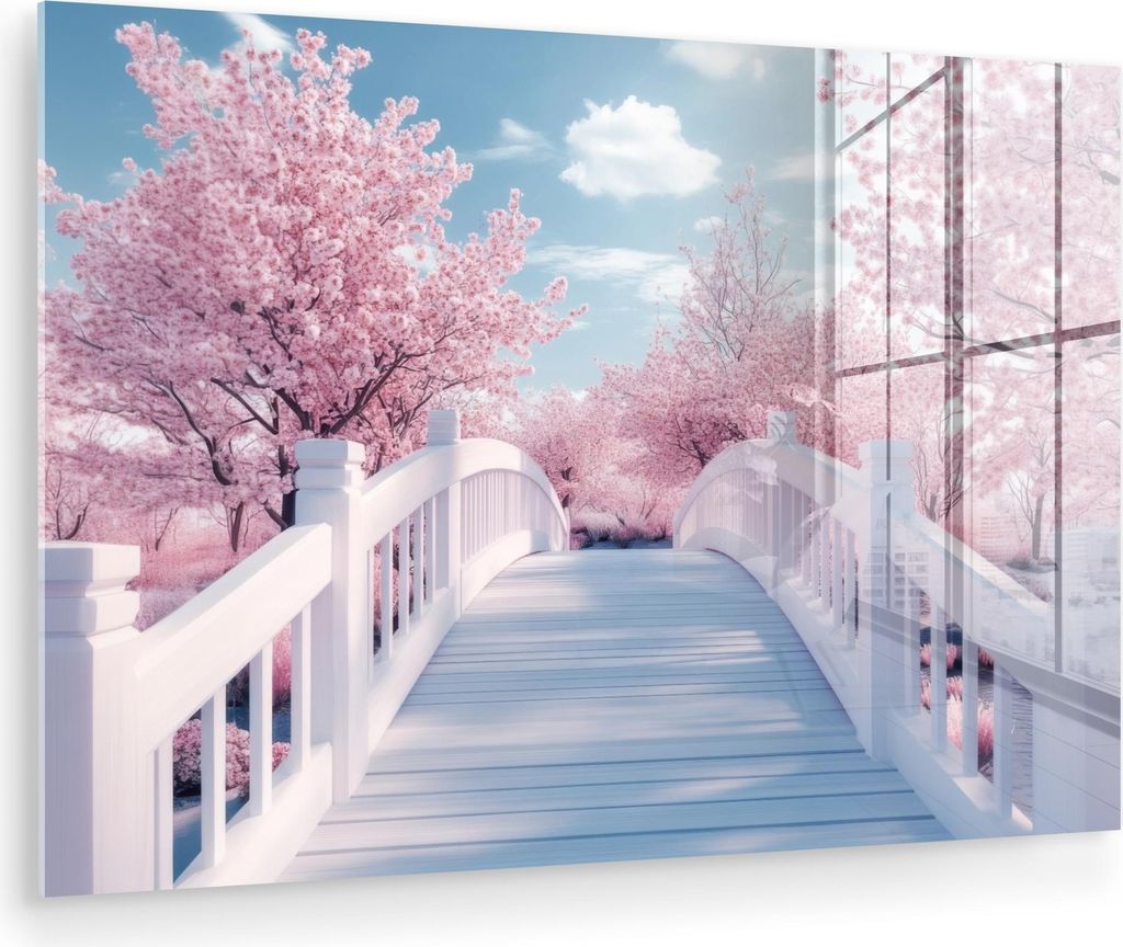 MuchoWow Glasbilder - Bilder auf Wandbild - Foto auf Glas Brücke - Kirschbäume - Weiß 60x40 cm Wanddekoration aus Glas - Acrylglasbild - Acrylbi...