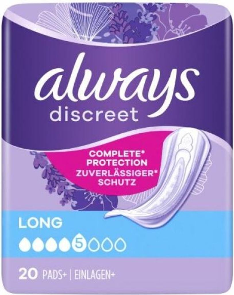 A package of Always Discreet Long pads.