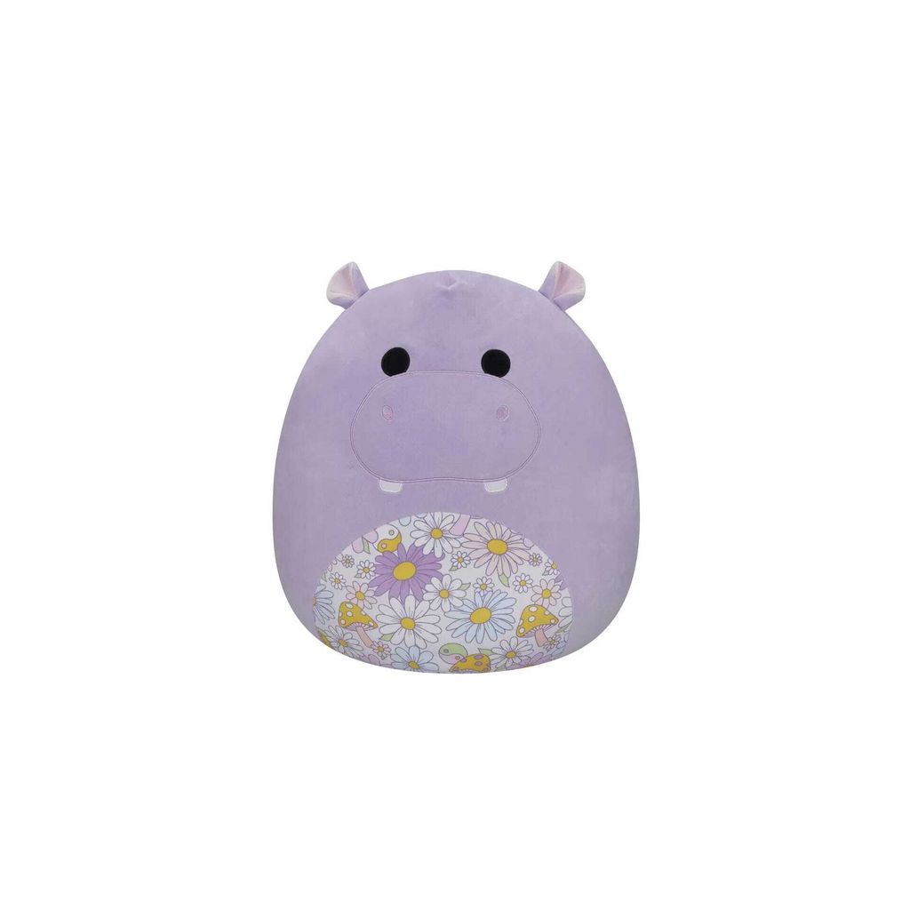 A plush toy hippo with a floral pattern on its belly, isolated on a white background.