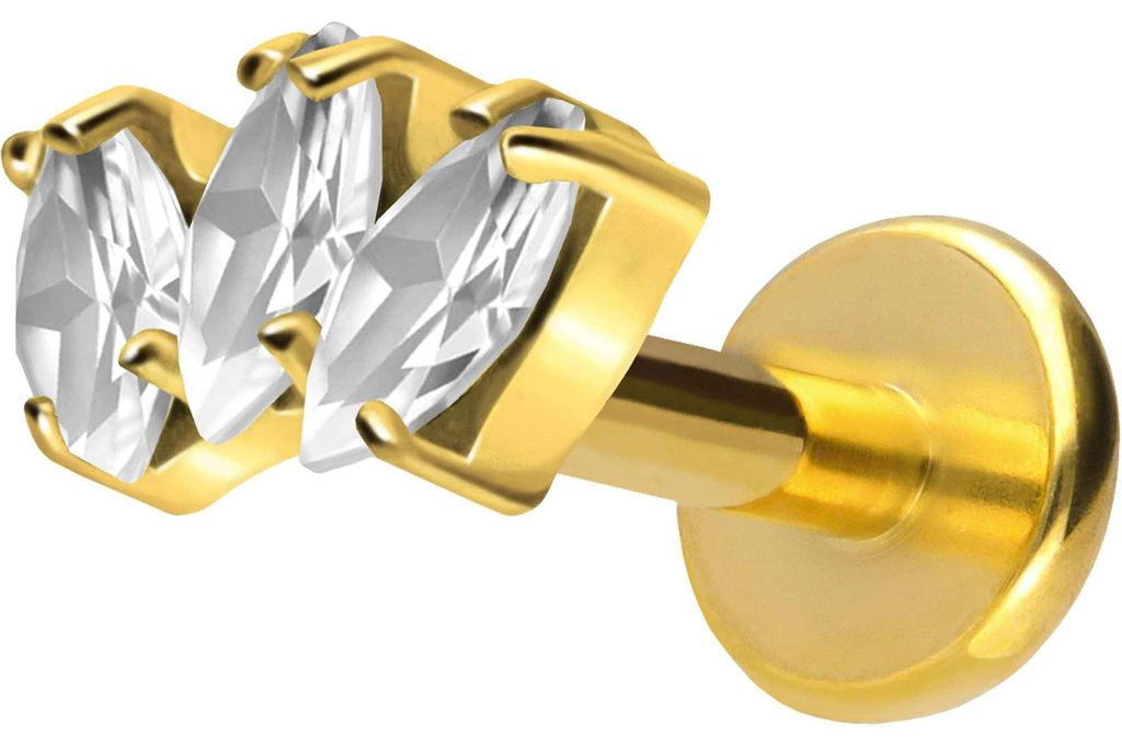 Ohrpiercing, Nasenpiercing Titan Labret mit Push Fit 3 KRISTALLTROPFEN Gold Stablänge: 7mm | Stabstärke: 1,2mm