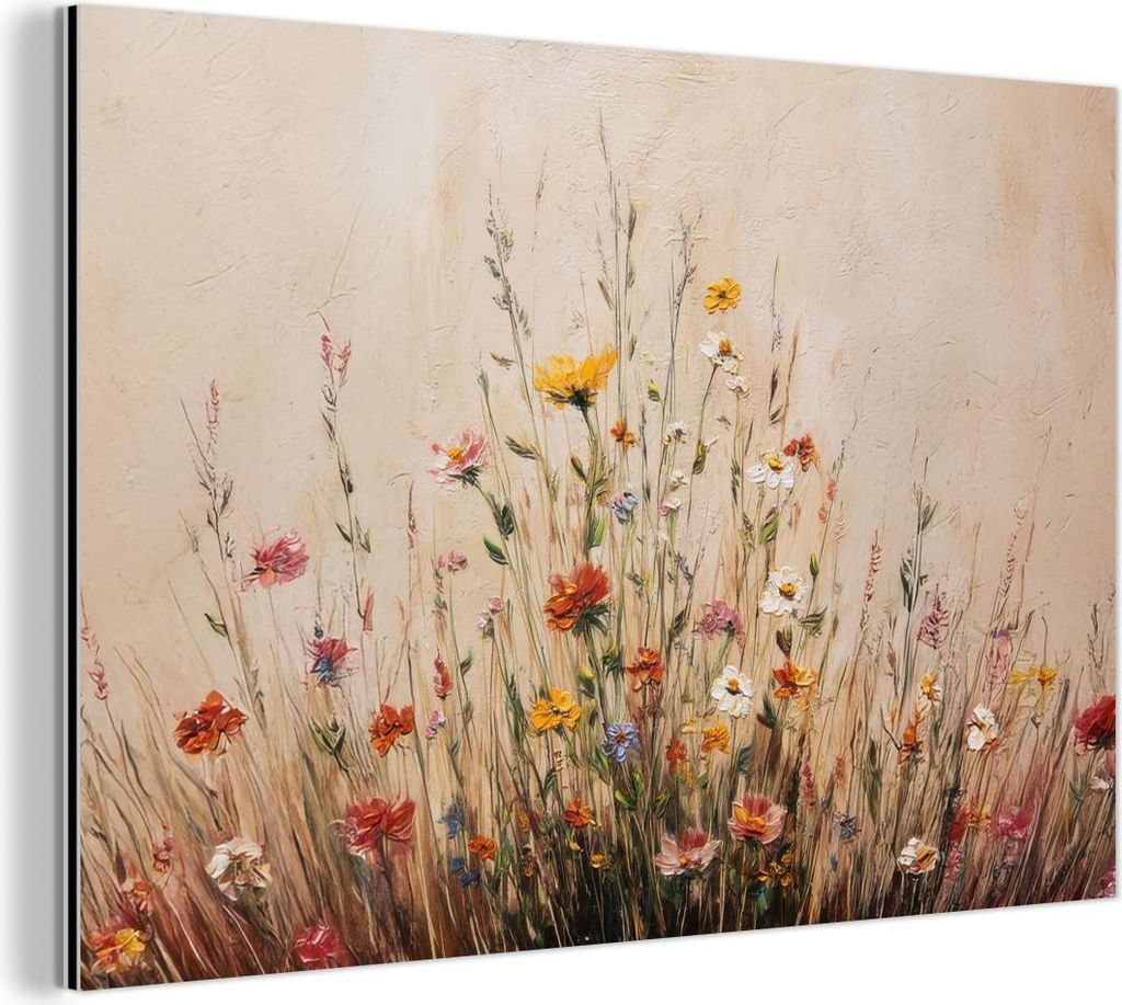 MuchoWow Wanddekoration Metall Metallbild Wandkunst 120x80 cm Wildblumen - Pinselstriche - Ruhig MuchoWow Aluminium Gemälde - Alu Bild