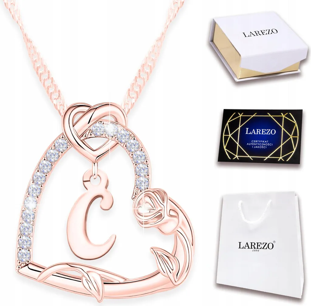 Collana a cuore placcata oro con lettera C, fiore iniziale pendente e rosa, 925