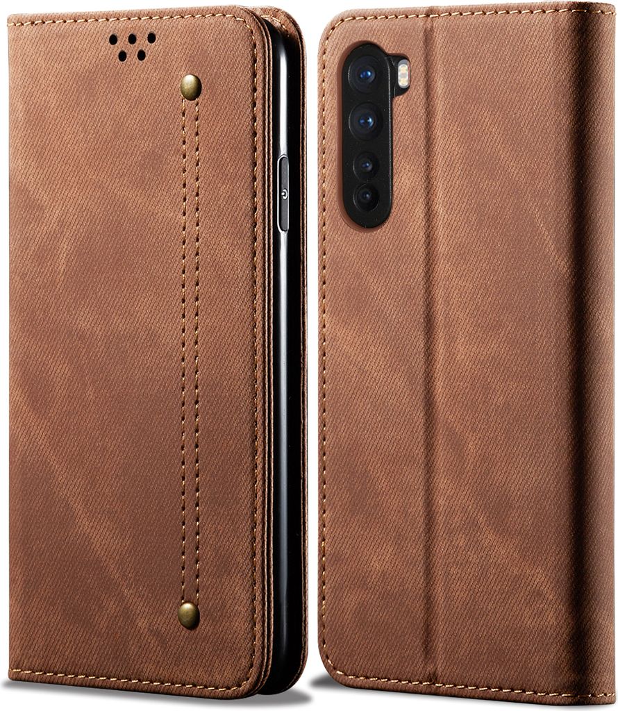 A brown flip-style phone case for a OnePlus Nord phone is shown from the front and side.