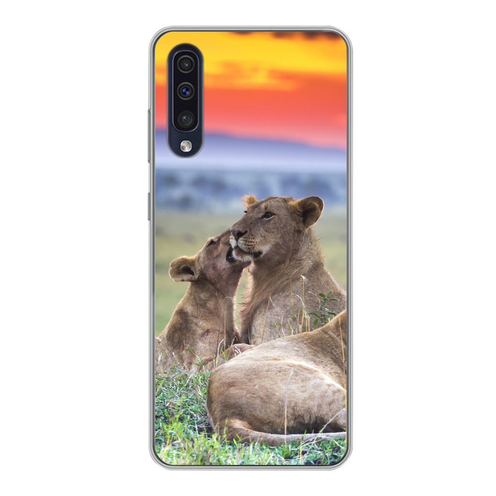 MuchoWow Handyhülle Schutzhülle Hülle für Samsung Galaxy A30s Löwen bei Sonnenaufgang Silikon Softcase Handy Hülle - Karteninhaber