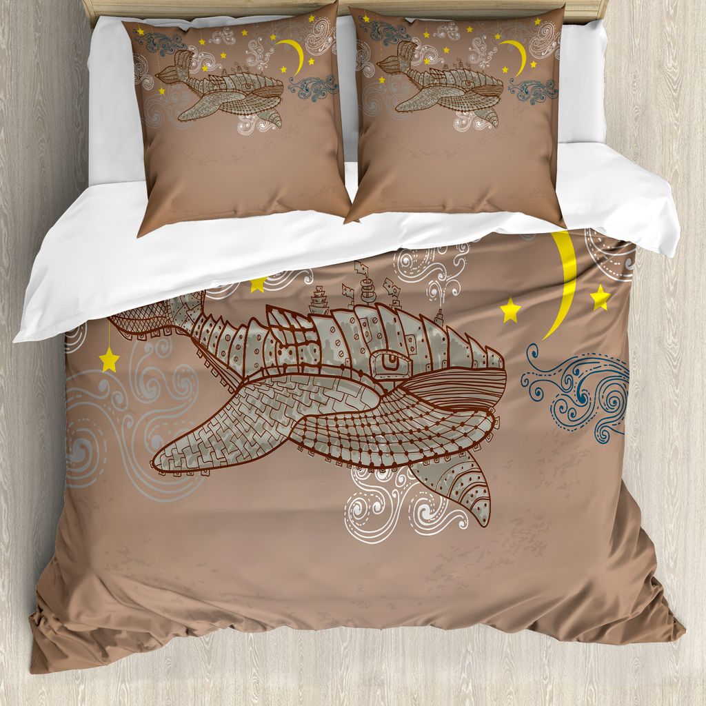 ABAKUHAUS Wal Bettbezug, Steampuck Whale on Air, Milbensicher Allergiker geeignet mit Kissenbezügen, 155 cm x 220 cm - 80 x 80 cm, Braun und weiß