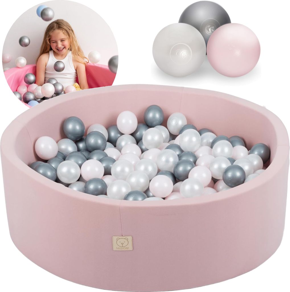 MISIOO Smart Bällebad 90x30 cm/200 Bälle  - Bällebader Kinder für Baby Zimmer - Bälle für Bällebad - Baby Spielzeug - Rosa: Hellrosa/Perlen/Silber
