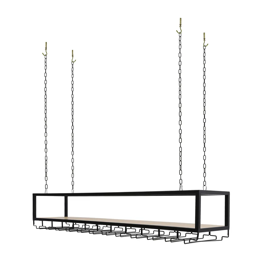 Casier à bouteilles design 120cm noir avec rail pour verres suspendus