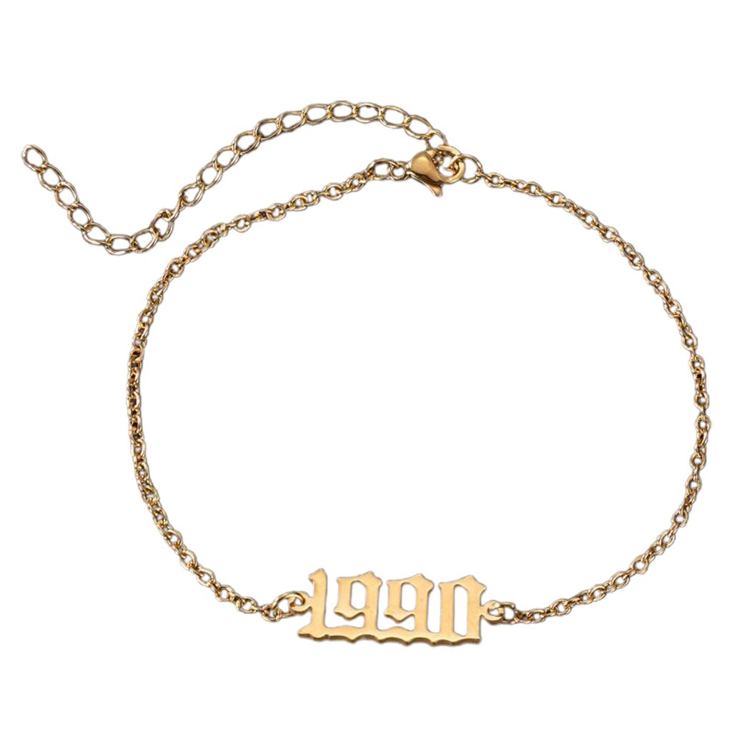 Damen-Fußkettchen 1980–2000, zahlverstellbar, Edelstahl, Karabinerverschluss, passend für den Strand-Golden,1990