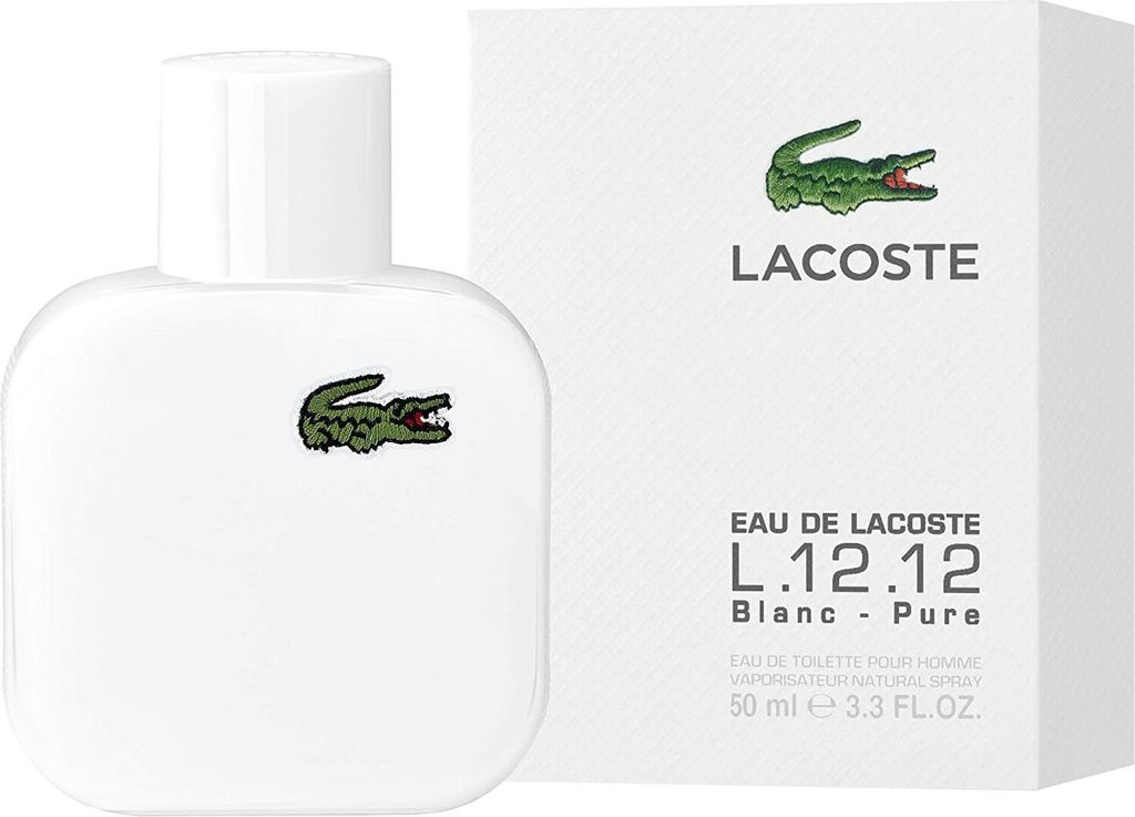 A white bottle of Lacoste L.12.12 Blanc Pure Eau de Toilette for men is shown next to its white packaging.