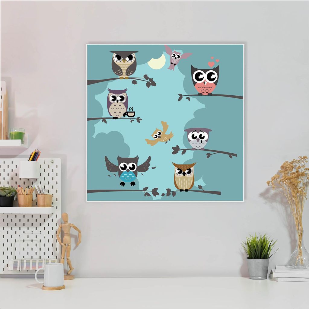 Design Stahlmagnettafel Quadratisch 50x50cm Acht Eulen
