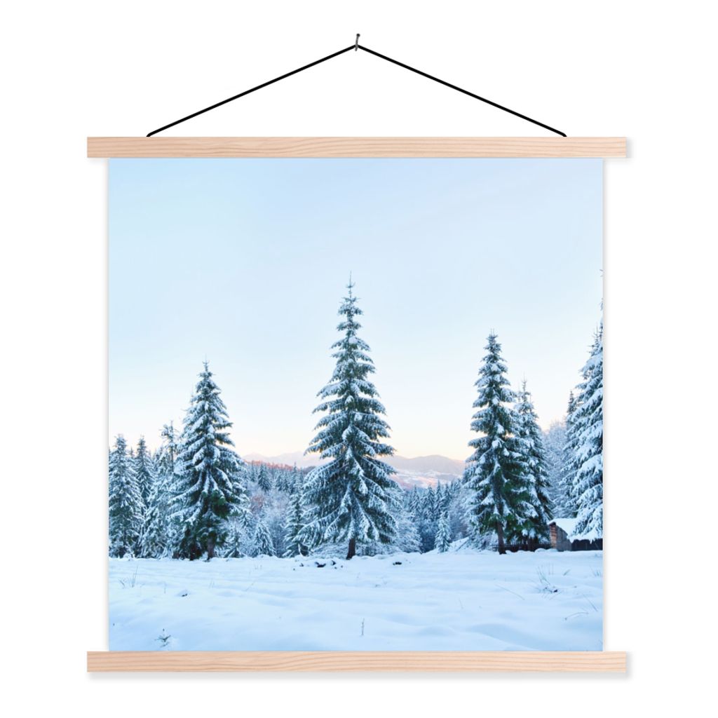 MuchoWow Textilposter Winter - Schnee - Bäume 120x120 cm mit holzfarbenen Rahmen - Textil-Poster