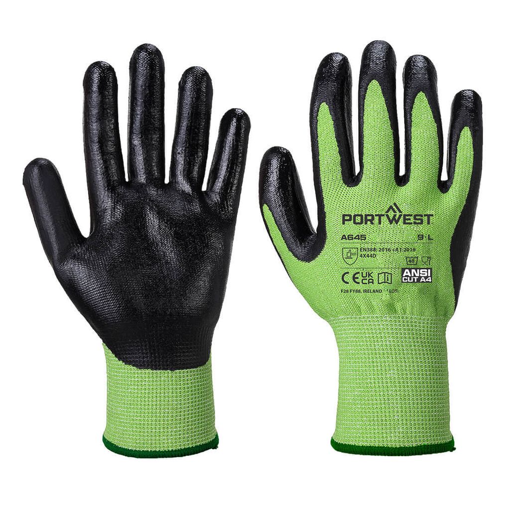 Portwest A645 Green Cut - Nitrilschaum-Schnittschutz-Handschuh Green/Black Gr. S