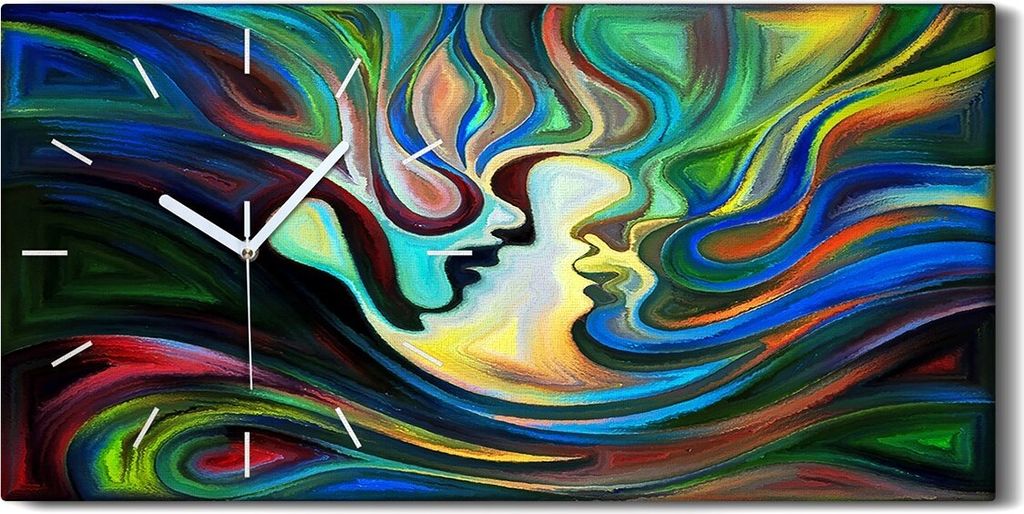 Wandbild Leinwand Bilder mit Uhr 60x30 bunte Abstrakte Linien Gesichter malen - weiße Hände